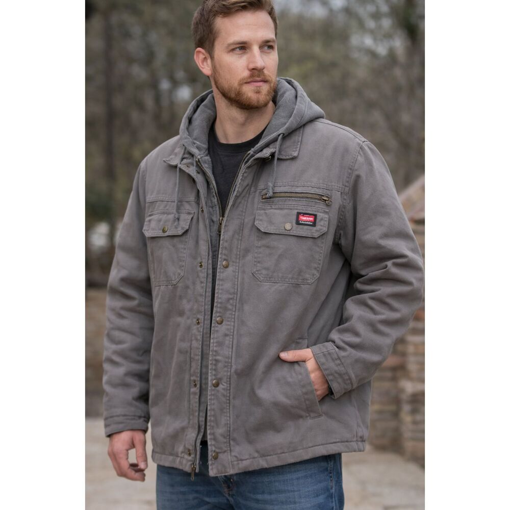 Wrangler Workwear Hooded Jacket – Gray Canvas Utility Coat – Size XL